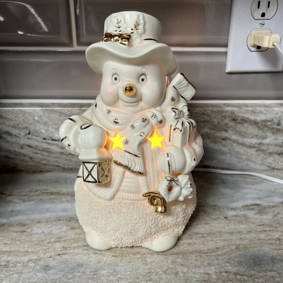 Kirklands Ceramic Snowman Light-Up Christmas Decor Gold Accents & Stars WORKS - Picture 1 of 9